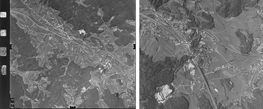 Aerial photos of approximately same area (see distinct curve of railway - on the left image in the lower right part; on the right image in the central part), acquired in 1975 on negative filme, and in 2006 with digital camera.